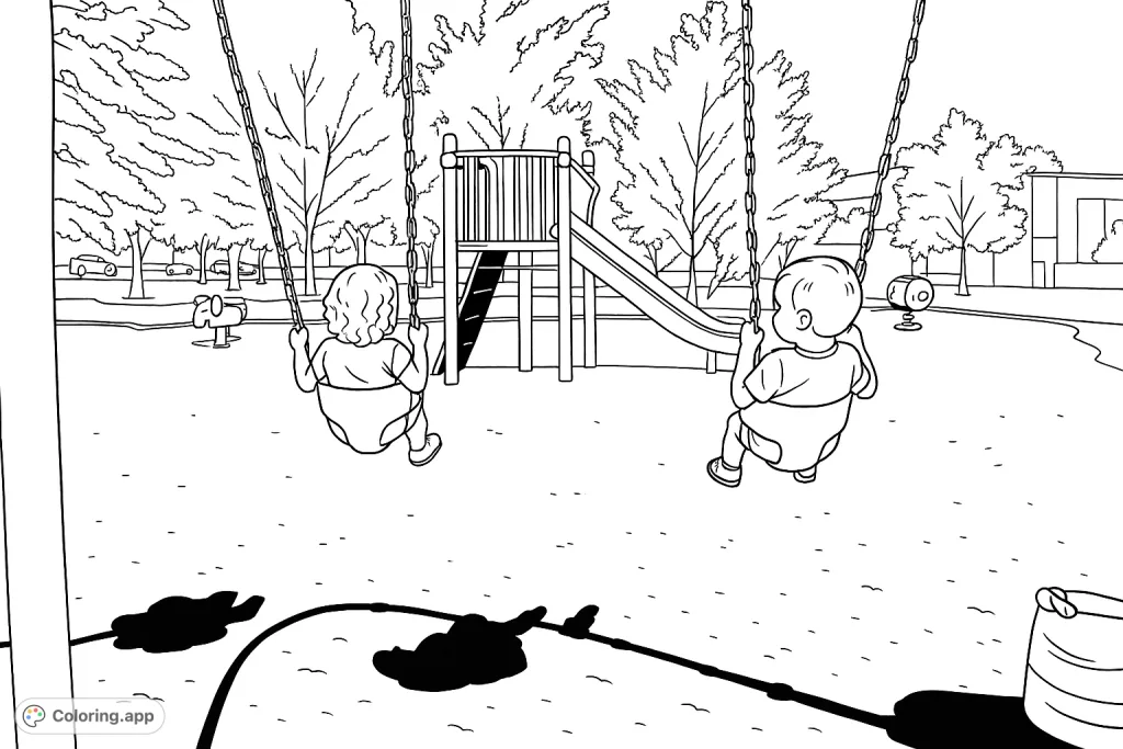 Two children enjoy a sunny day at the playground, swinging happily. A fun and engaging scene for young colorists.