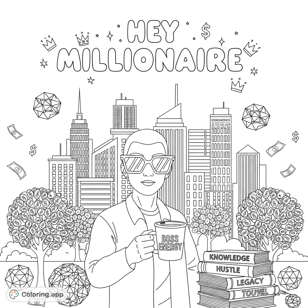 Color a luxurious city skyline with a confident character, money trees, and motivational phrases like "Boss Energy" and "Hey Millionaire."