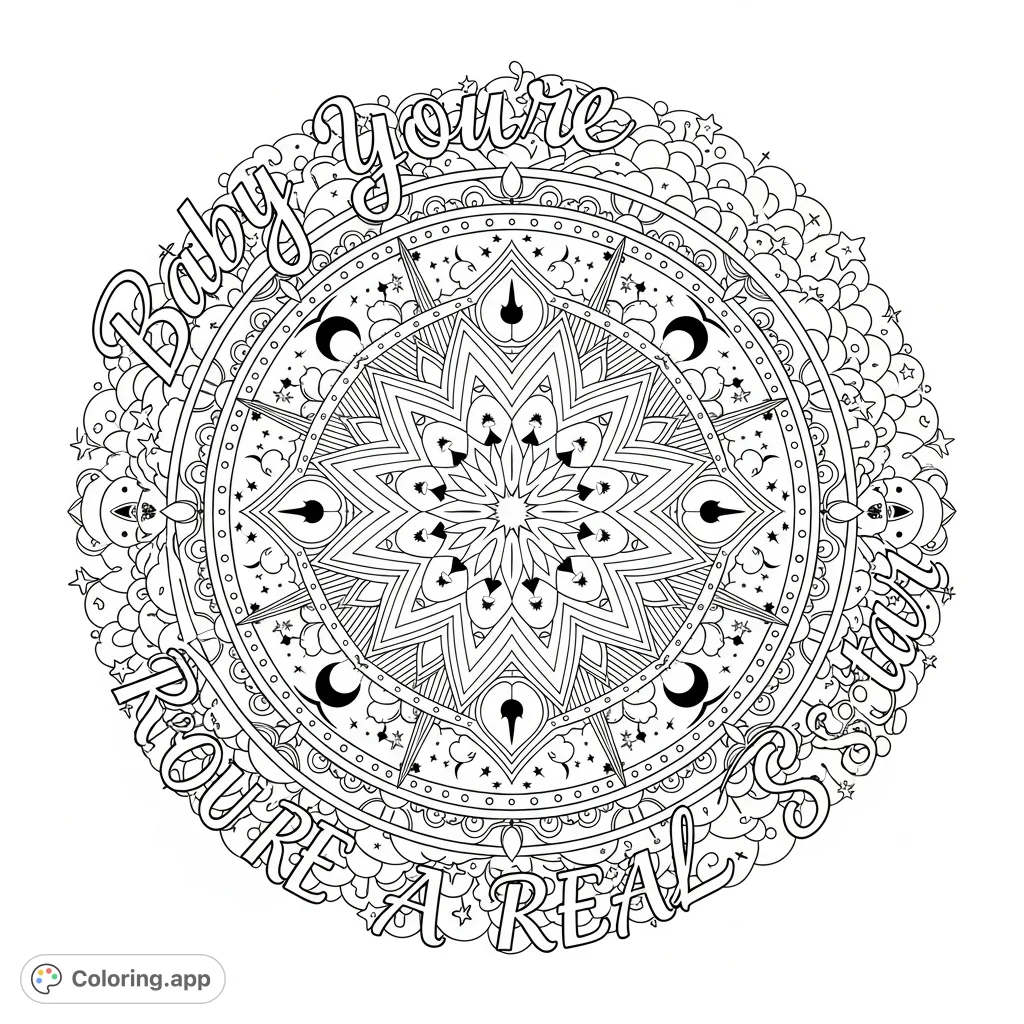 An intricate celestial mandala coloring page with layered starbursts, crescent moons, stars, and the phrase "Baby You're a Real Star."
