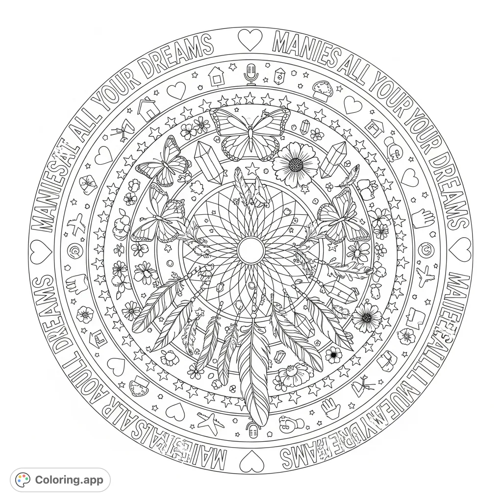 Unleash your creativity with this intricate dreamcatcher mandala coloring page, featuring feathers, crystals, and inspiring symbols for manifestation.