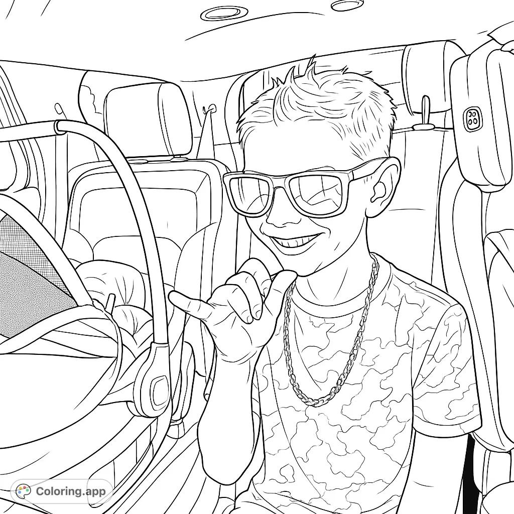 A fun car ride coloring page featuring a cool kid in sunglasses making a shaka sign. Perfect for young adventurers and family travel themes!