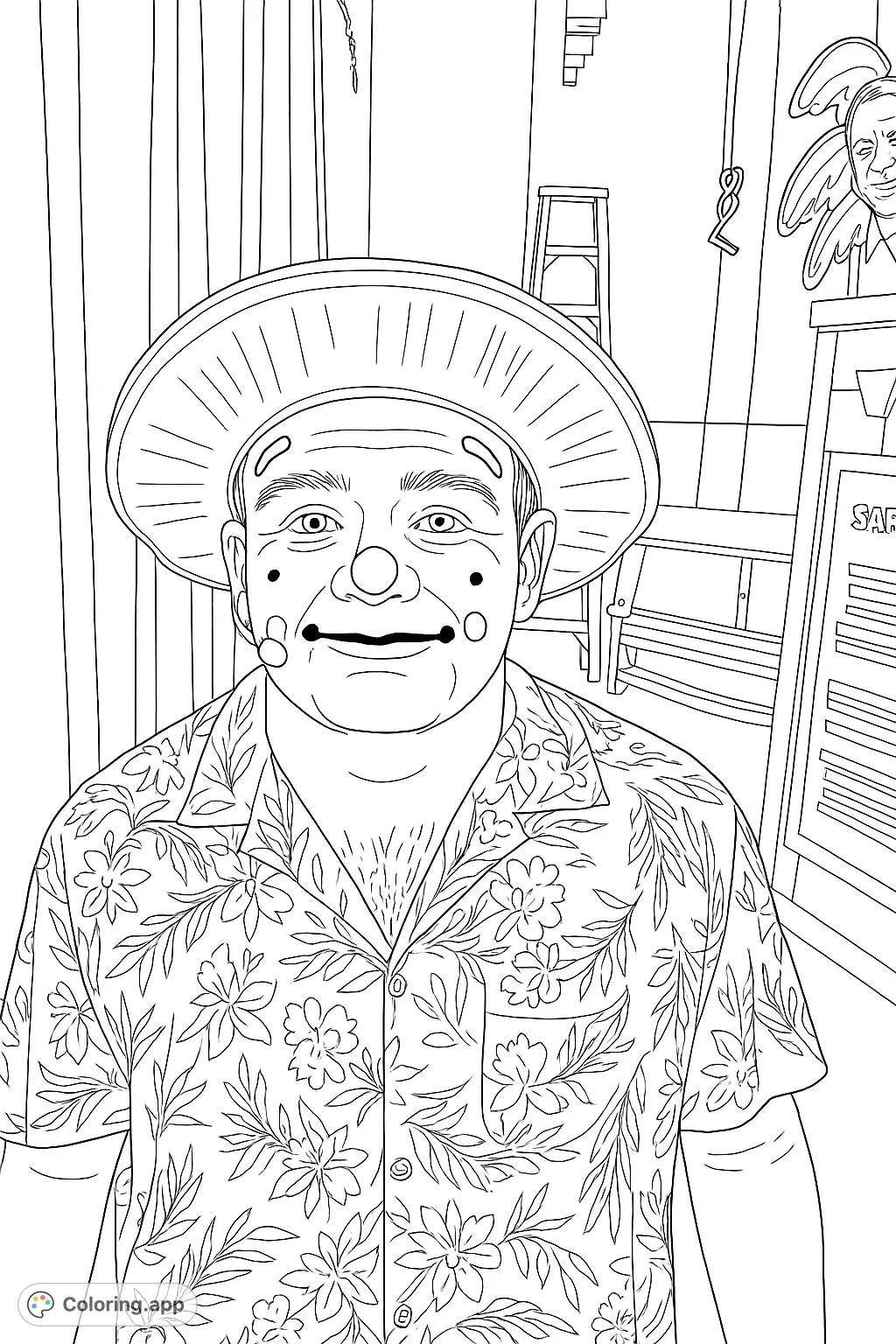 Color a unique clown performer with a patterned shirt and distinctive makeup. Perfect for creative expression and detailed coloring fun!
