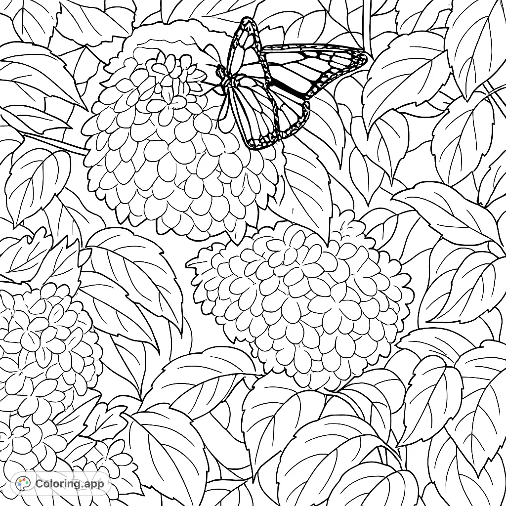 A beautiful butterfly rests on a large, intricate flower cluster, surrounded by lush foliage. A delightful nature scene for mindful coloring.