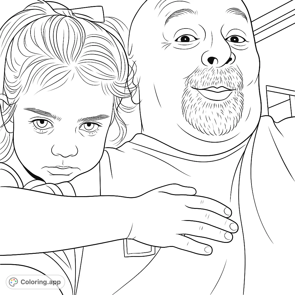 A heartwarming coloring page featuring a playful man and a sweet young girl, perfect for family fun and creative expression.