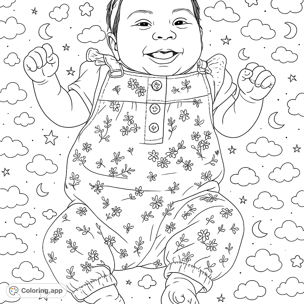 A joyful baby in a charming floral romper, lying on a patterned blanket. Perfect for celebrating new arrivals and sweet moments.