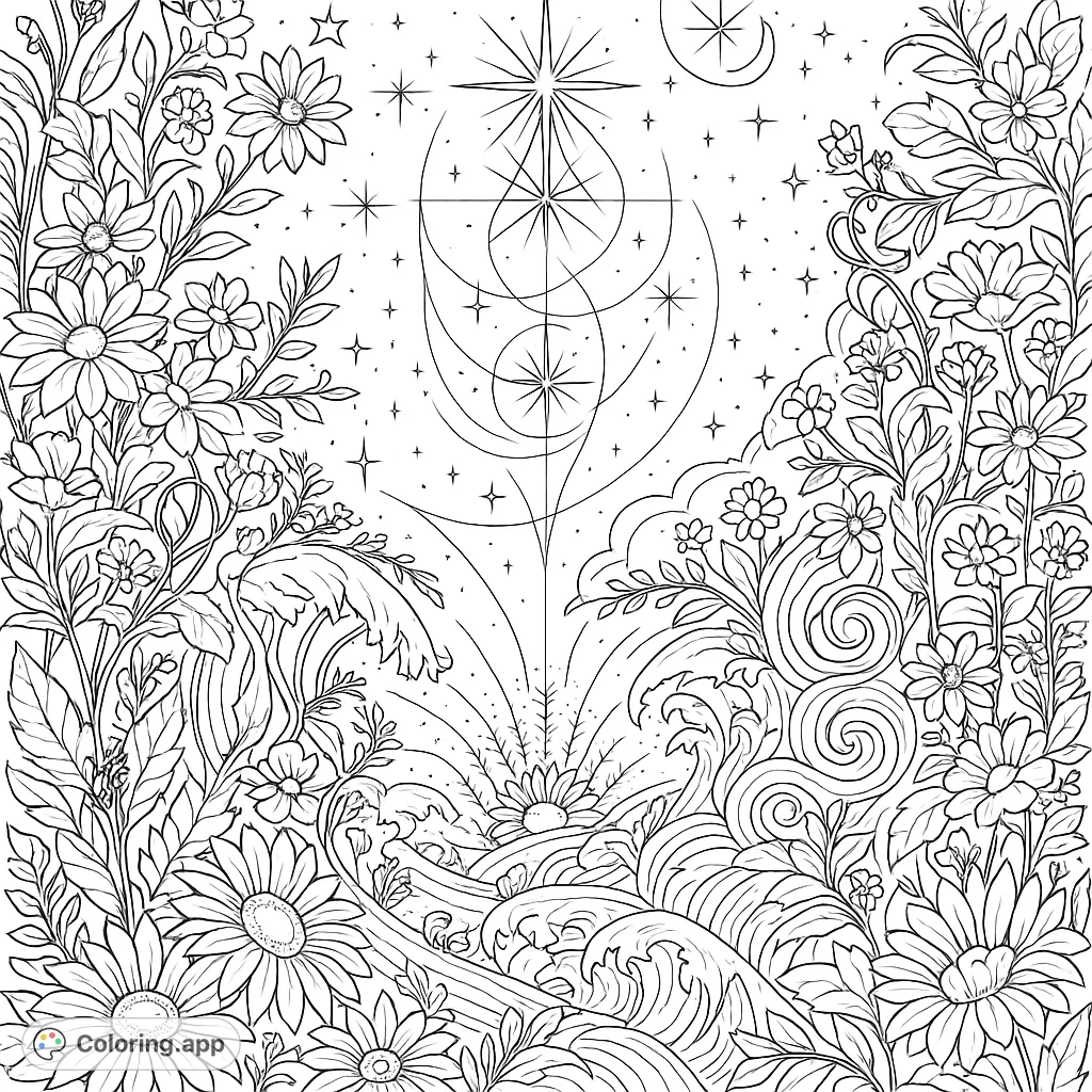 Immerse yourself in a mystical cosmic garden coloring page, featuring a starry night sky, abundant flowers, and dynamic ocean waves. A truly enchanting scene.