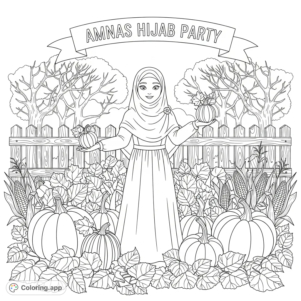 Celebrate autumn with Amna! This charming fall themed coloring page features a hijabi girl surrounded by pumpkins, leaves, and the festive text "Amnas Hijab Party".
