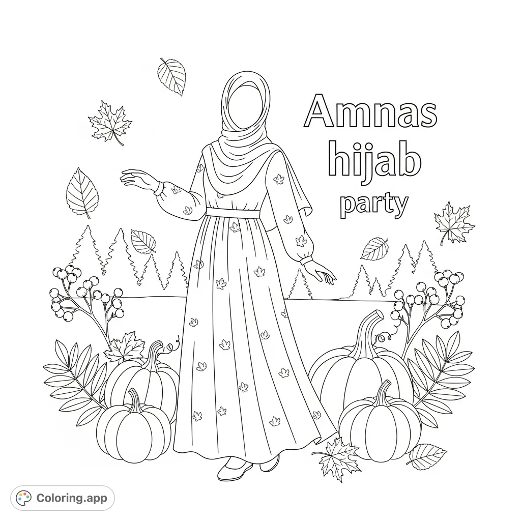 A faceless hijabi girl in a festive fall setting, surrounded by autumn leaves and pumpkins, with 'Amnas hijab party' text. Perfect for autumn celebrations.