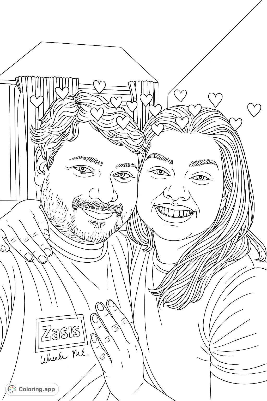 A heartwarming coloring page featuring a couple embracing, surrounded by playful floating hearts. Perfect for celebrating love and connection.