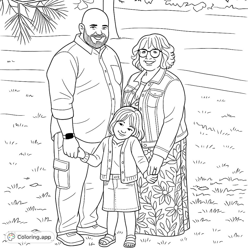 A heartwarming family portrait featuring a smiling couple and their joyful child, holding hands in a serene outdoor setting. Perfect for celebrating family bonds.