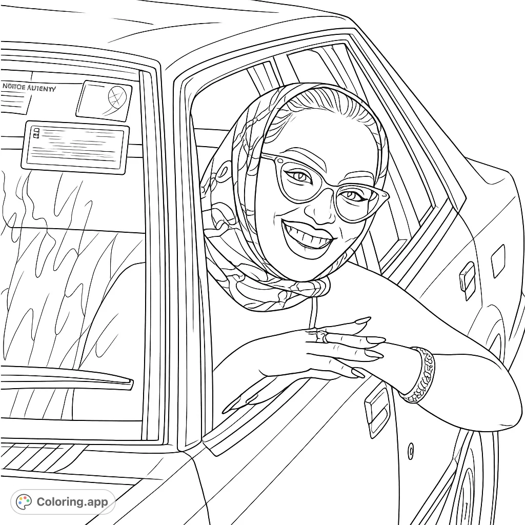 A chic woman with a patterned headscarf and sunglasses smiles from a vintage car window, offering a sophisticated and detailed coloring experience.