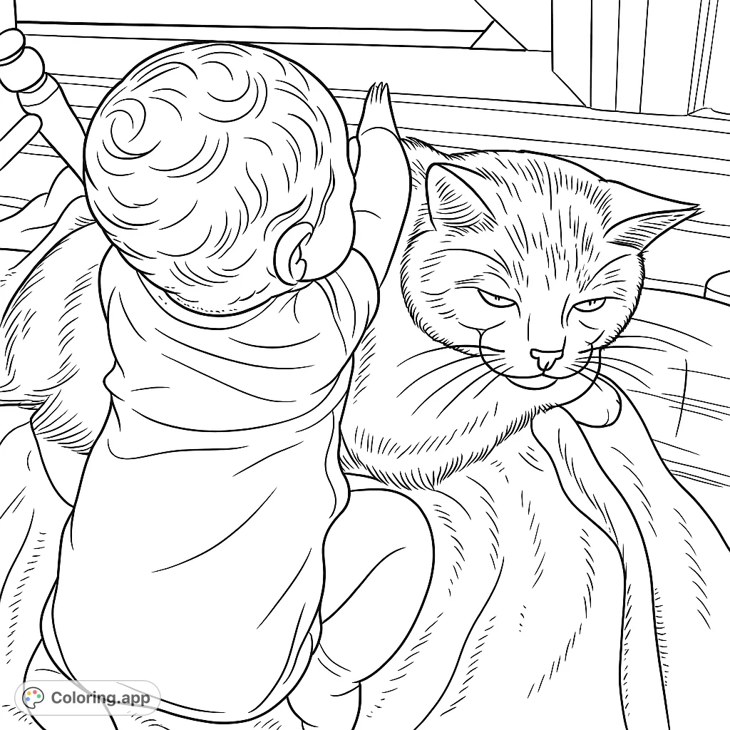 A heartwarming scene of a baby and a cat sharing a quiet moment. Perfect for capturing the innocence of childhood and the gentle bond with pets.