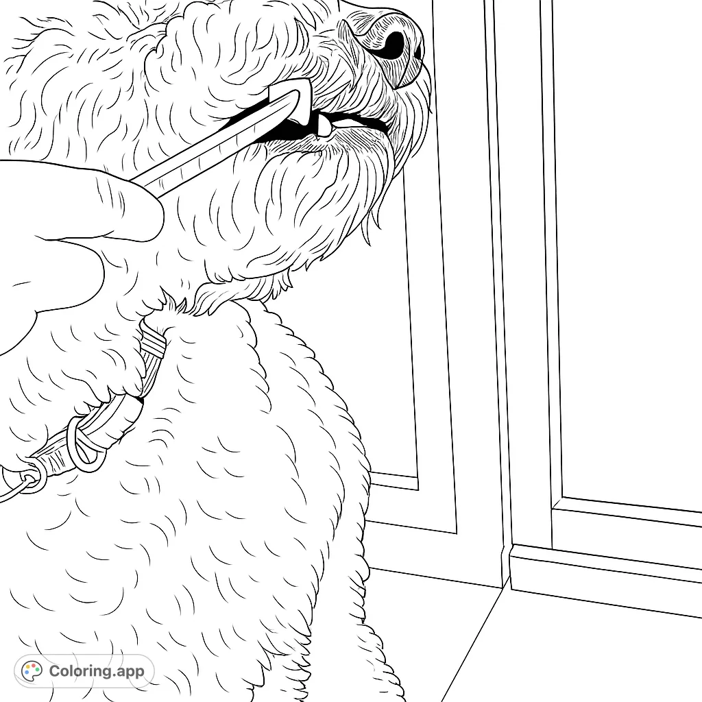 A heartwarming dog dental care coloring page featuring a shaggy-furred dog getting its teeth brushed by a human hand. A fun and educational pet hygiene scene.