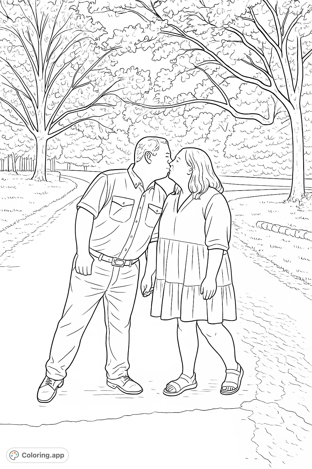 Capture a tender moment with this romantic couple's woodland embrace. A sweet kiss on a winding path, framed by majestic trees. Perfect for love-themed coloring.