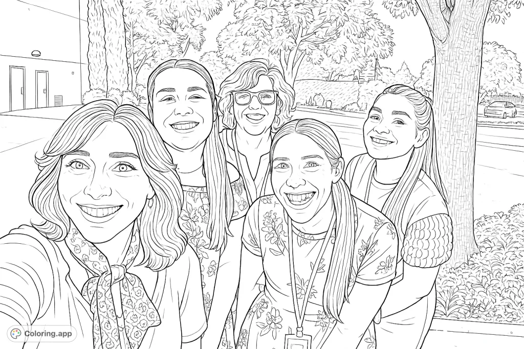A cheerful group of five women smiling together outdoors, surrounded by trees and a building. A delightful scene for a relaxing coloring experience.