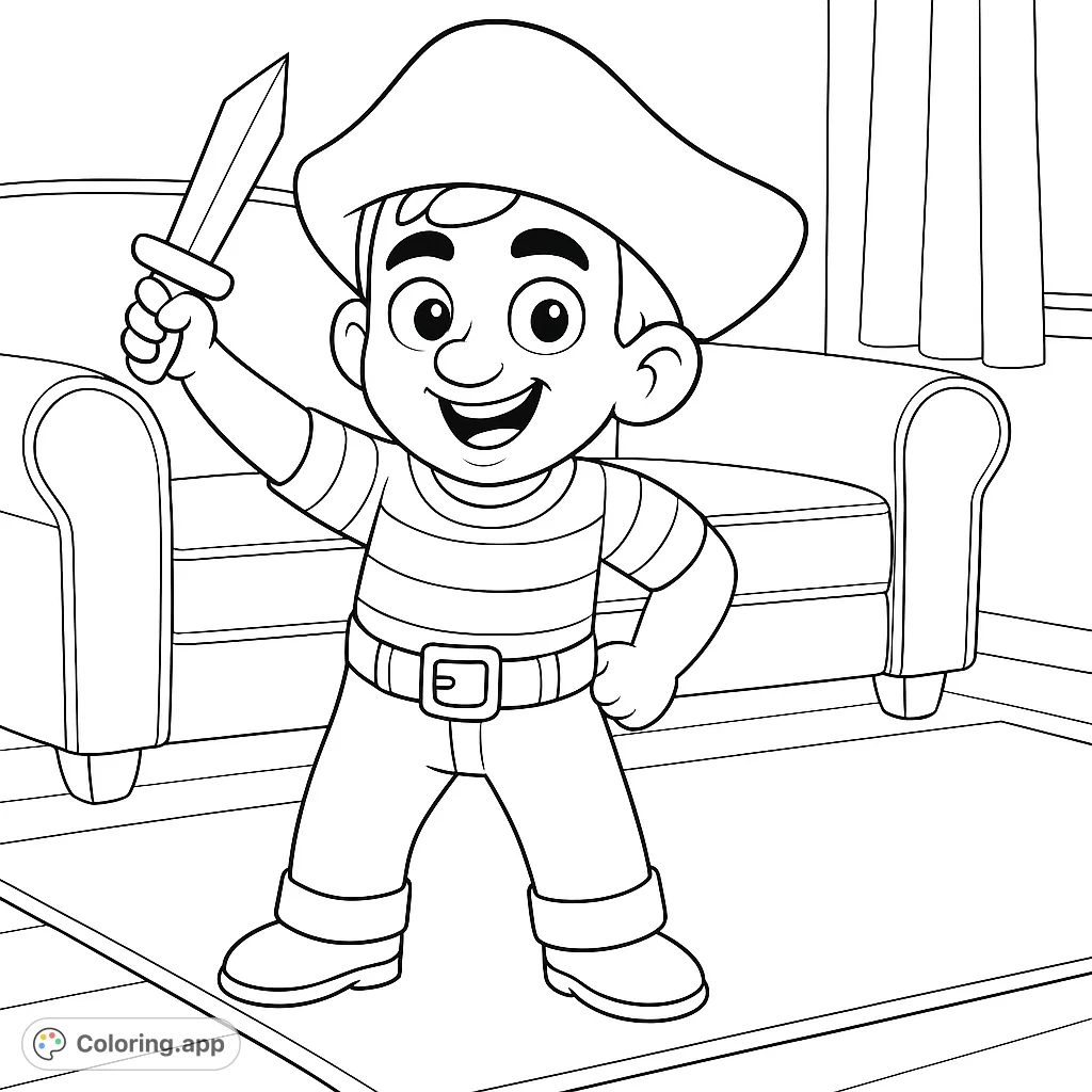 A cheerful cartoon boy dressed as a pirate, holding a sword, ready for adventure. Perfect for young buccaneers to color and imagine.