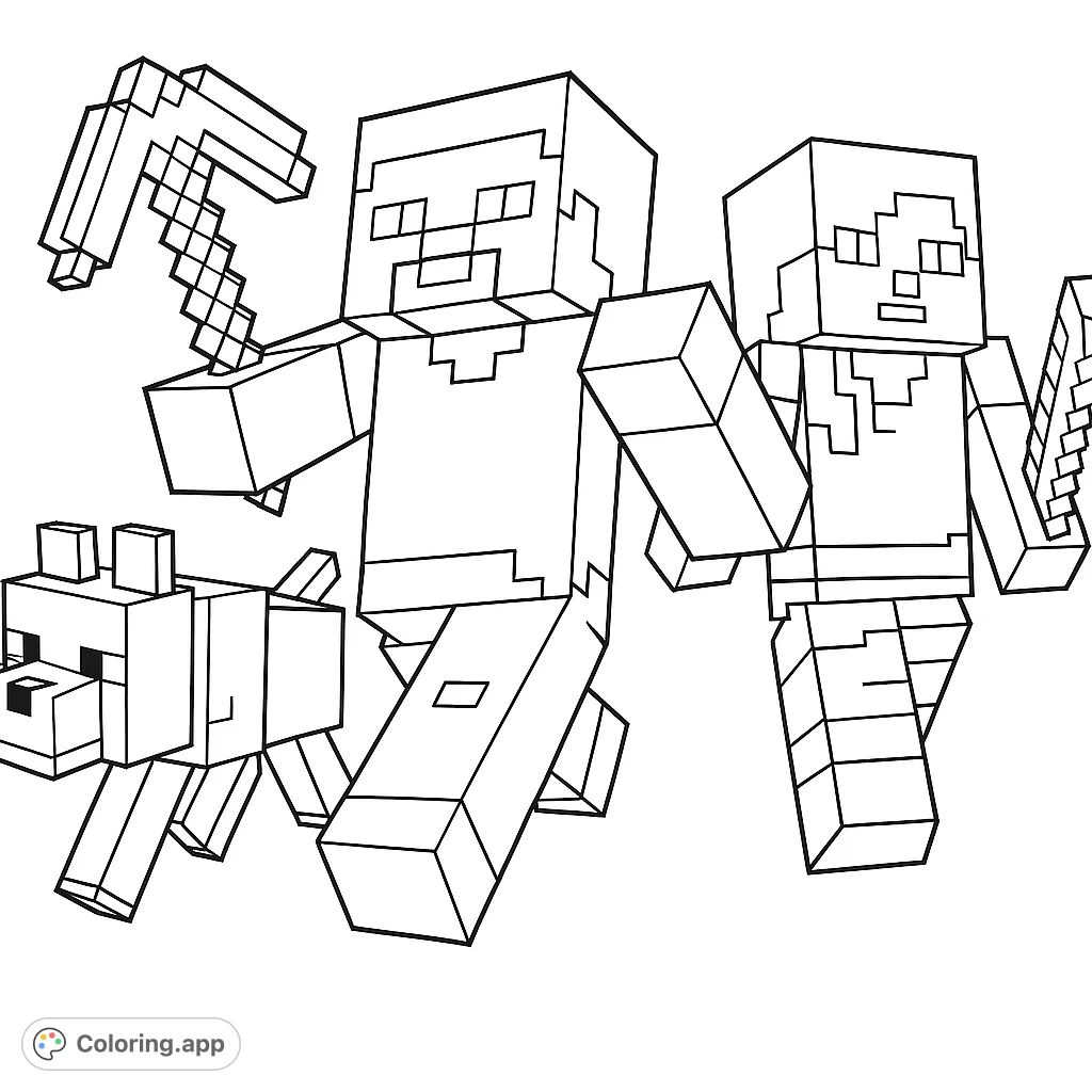 Join blocky heroes and their loyal wolf on an adventure! A fun pixelated scene perfect for fans of crafting and exploration.