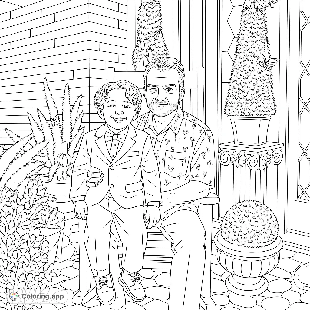 A heartwarming scene of a man and a young boy smiling together, surrounded by lush plants and decorative elements on a welcoming porch.