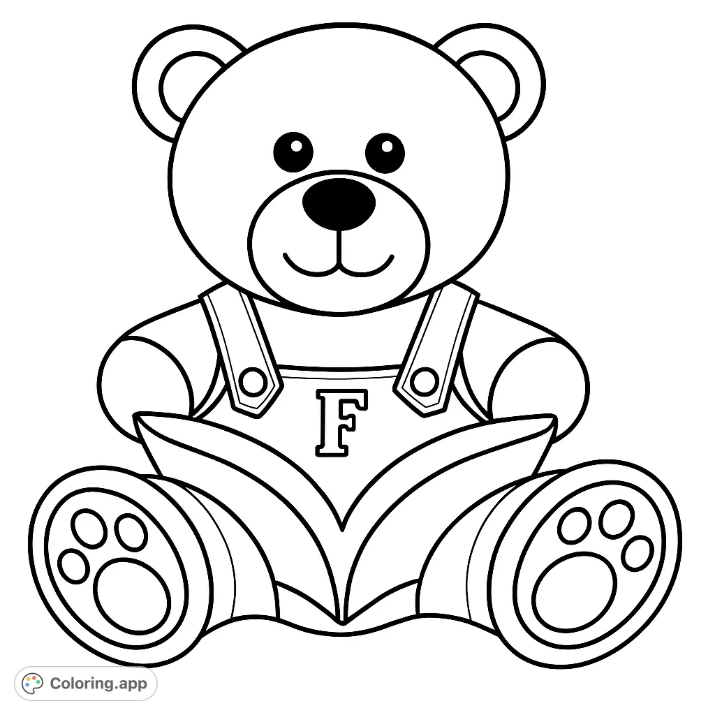 A charming teddy bear sits, engrossed in an open book, wearing overalls. Perfect for young readers and animal lovers to color and enjoy.