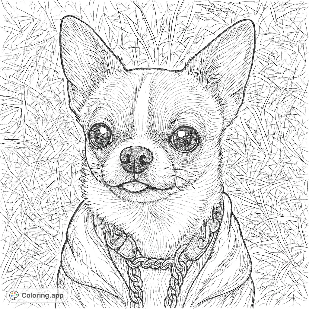 A charming chihuahua wearing a jacket and collar, looking directly at you. This detailed coloring page captures the adorable expression of a small dog, perfect for animal lovers.
