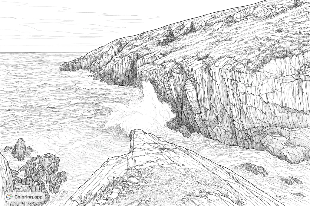Experience the raw power of nature with this detailed coastal cliff coloring page. Waves crash against rugged rocks, inviting a dynamic coloring adventure.