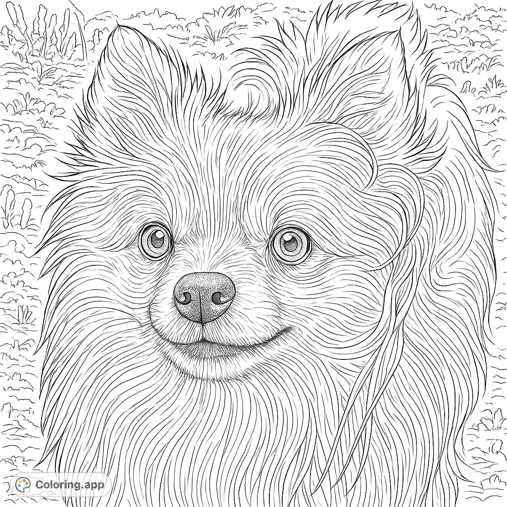 Immerse yourself in this highly detailed fluffy dog portrait coloring page. Perfect for animal lovers, featuring intricate fur textures and an expressive face.