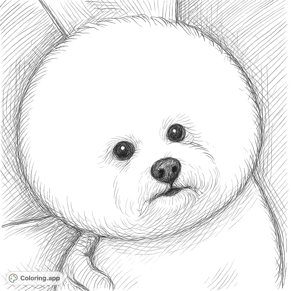 An adorable, fluffy dog with a perfectly round head and playful upright ears, ready for a burst of creative colors. A charming and detailed pet coloring page.