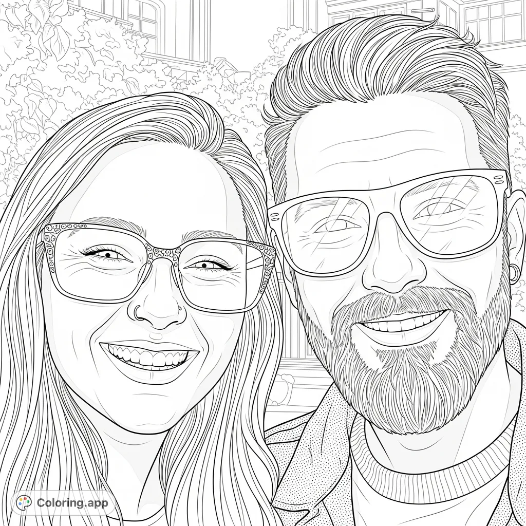 Capture the joy of a smiling couple in a close-up portrait. Featuring distinct hairstyles, stylish sunglasses, and casual attire against a soft outdoor backdrop.