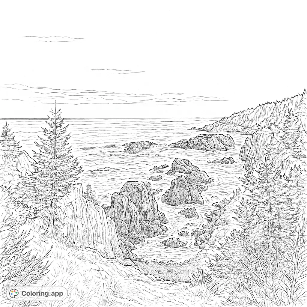 Explore a dramatic coastal landscape featuring towering cliffs, a vast ocean with crashing waves, and rugged rock formations. A detailed nature scene for all ages.