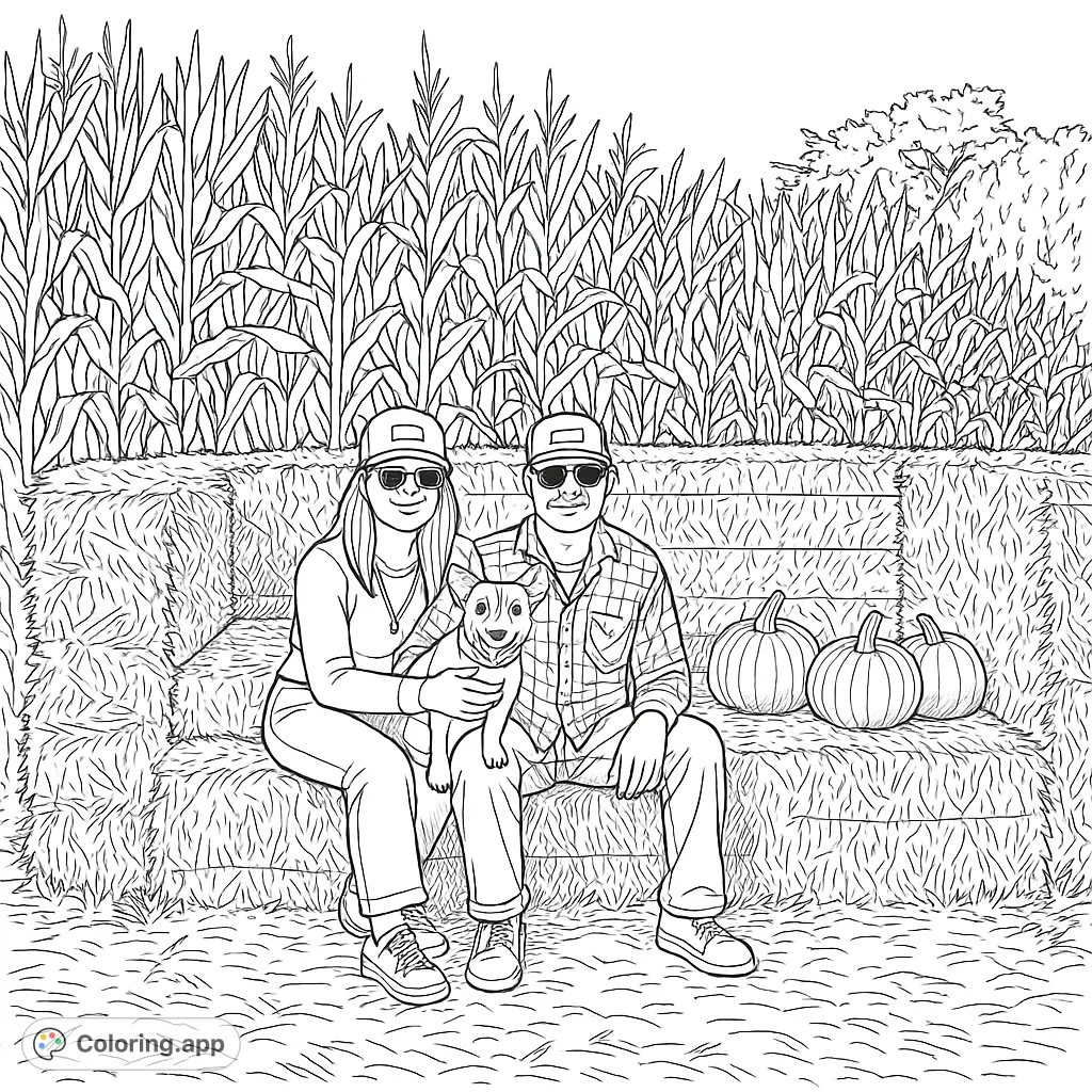 A charming autumn farm scene featuring a couple and their dog seated on hay bales, surrounded by pumpkins and a tall cornfield. A delightful harvest family coloring page.