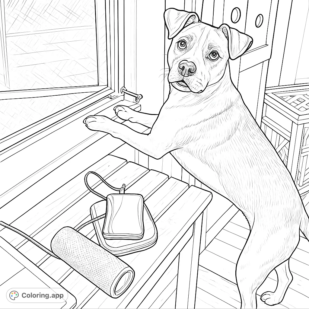 A realistic dog stands on its hind legs, front paws on a window sill, looking out with an expressive gaze. Features a detailed indoor scene with a curious canine.