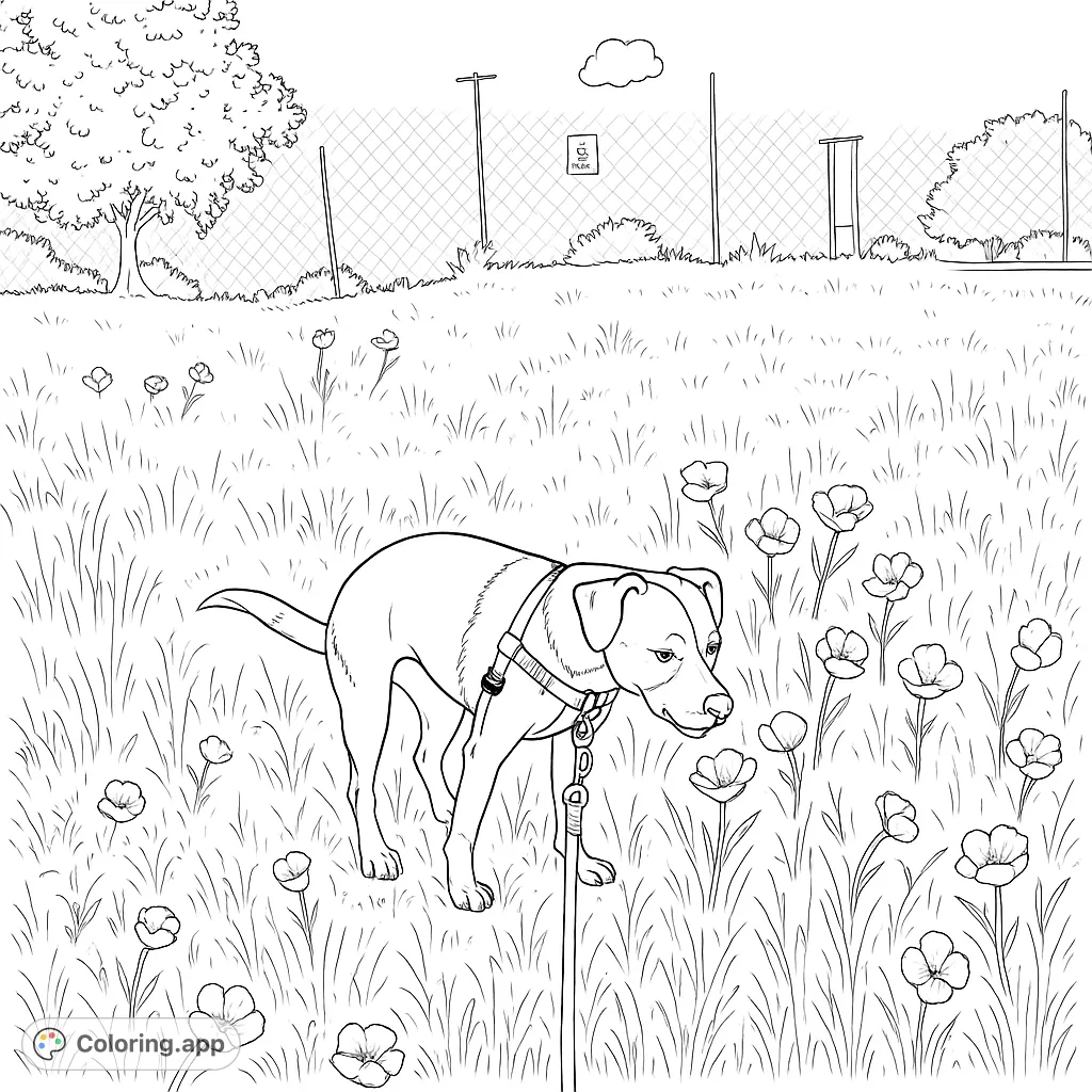 A delightful scene of a dog exploring a field filled with detailed flowers and tall grass, perfect for all ages.