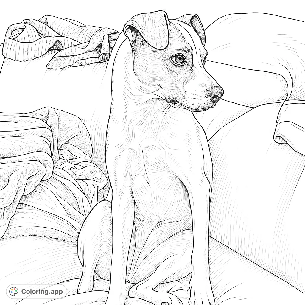 A charming dog sits attentively on a cozy couch, ready for a playful coloring adventure. Capture its expressive gaze and unique markings!