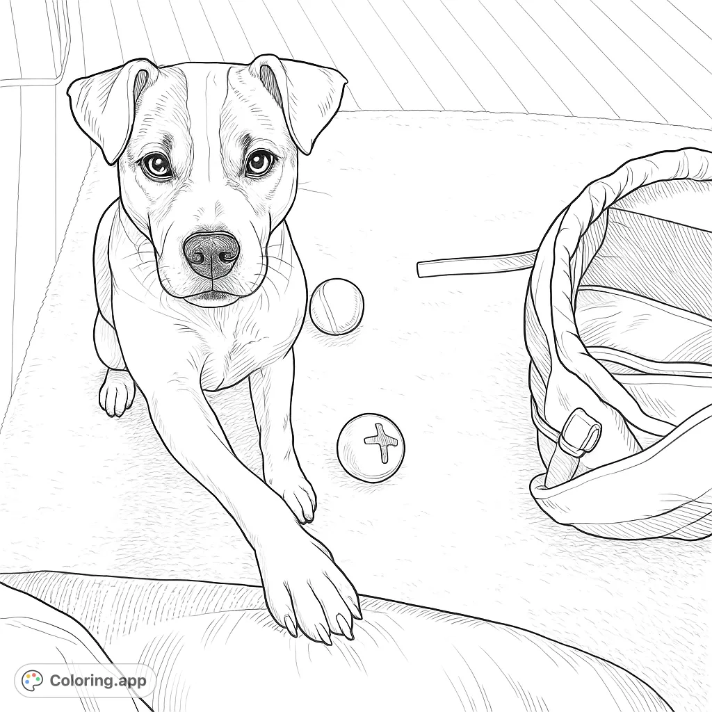 A highly detailed dog coloring page featuring a playful terrier mix with an extended paw, surrounded by toys and a cozy indoor setting.