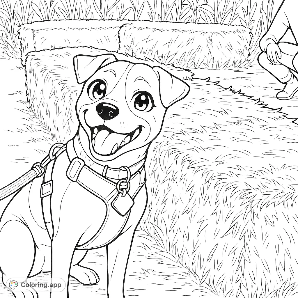 Capture the joyful spirit of a playful dog sitting among hay bales in a sunny outdoor setting. A charming anime-inspired animal coloring page perfect for all ages, free printable coloring page.