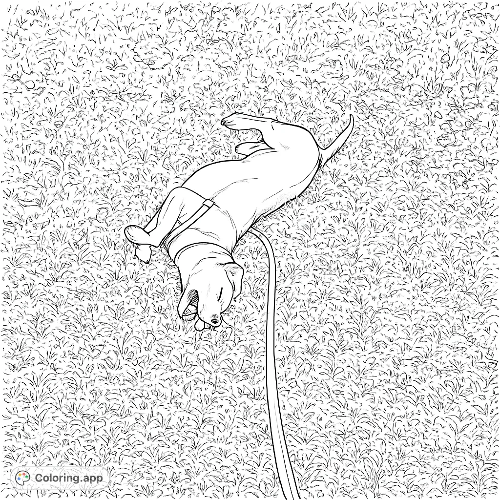 Capture the serene moment of a relaxed dog lying on textured grass. A realistic and detailed dog coloring page for an engaging artistic challenge.