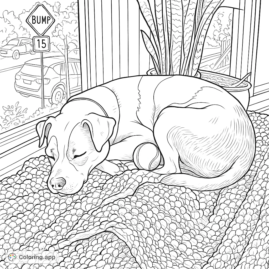 A serene dog sleeps soundly on a patterned blanket by a sunlit window, with outdoor and indoor plants adding to the cozy scene. Perfect for relaxation.