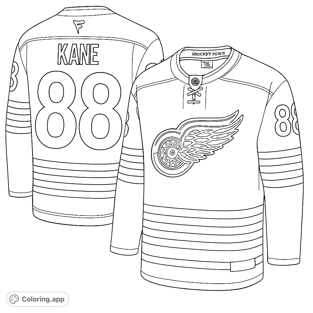 Color a detailed hockey jersey featuring a winged wheel logo, player name 'KANE', and number '88'. Perfect for sports fans and creative expression.