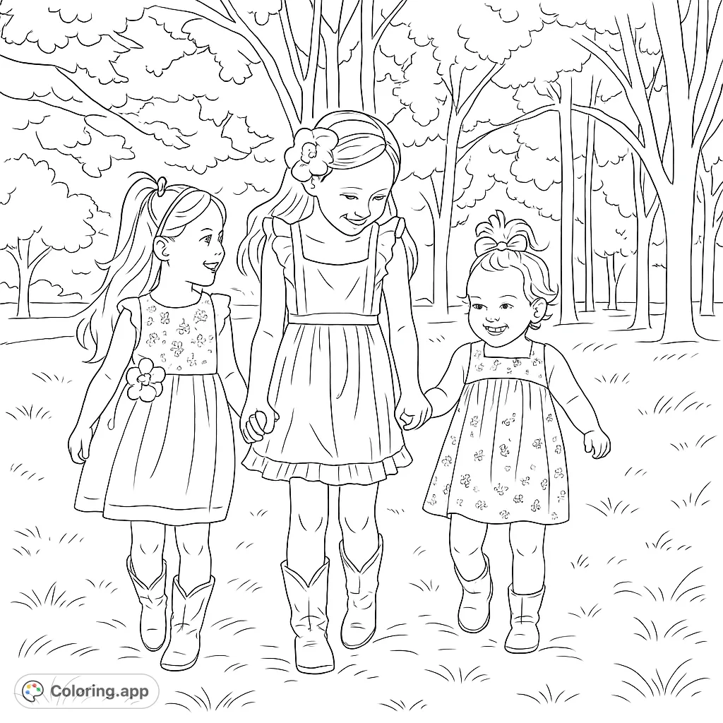 A heartwarming scene of three happy girls strolling hand-in-hand through a sun-dappled field, with detailed dresses and a serene natural background.