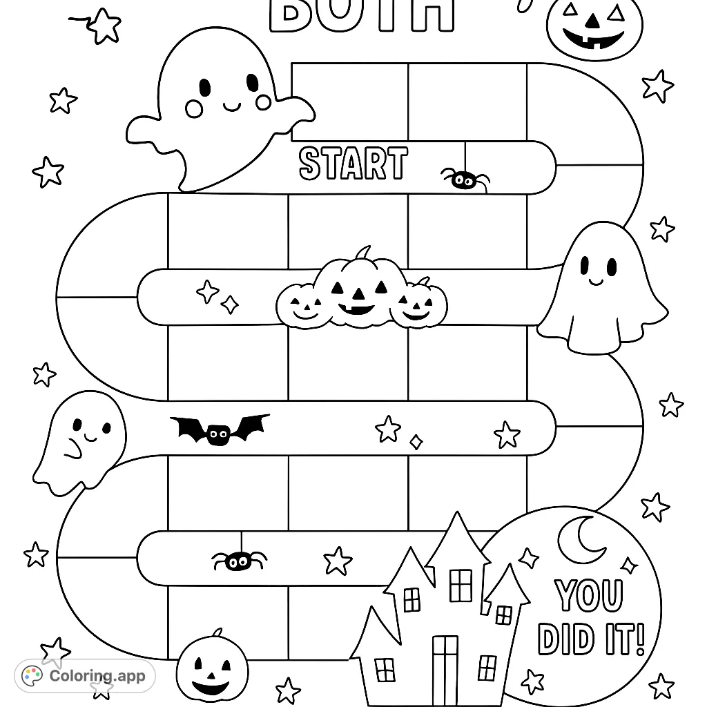 Embark on a spooky board game adventure with friendly ghosts, carved pumpkins, and a haunted house. A fun Halloween-themed coloring page for all ages!