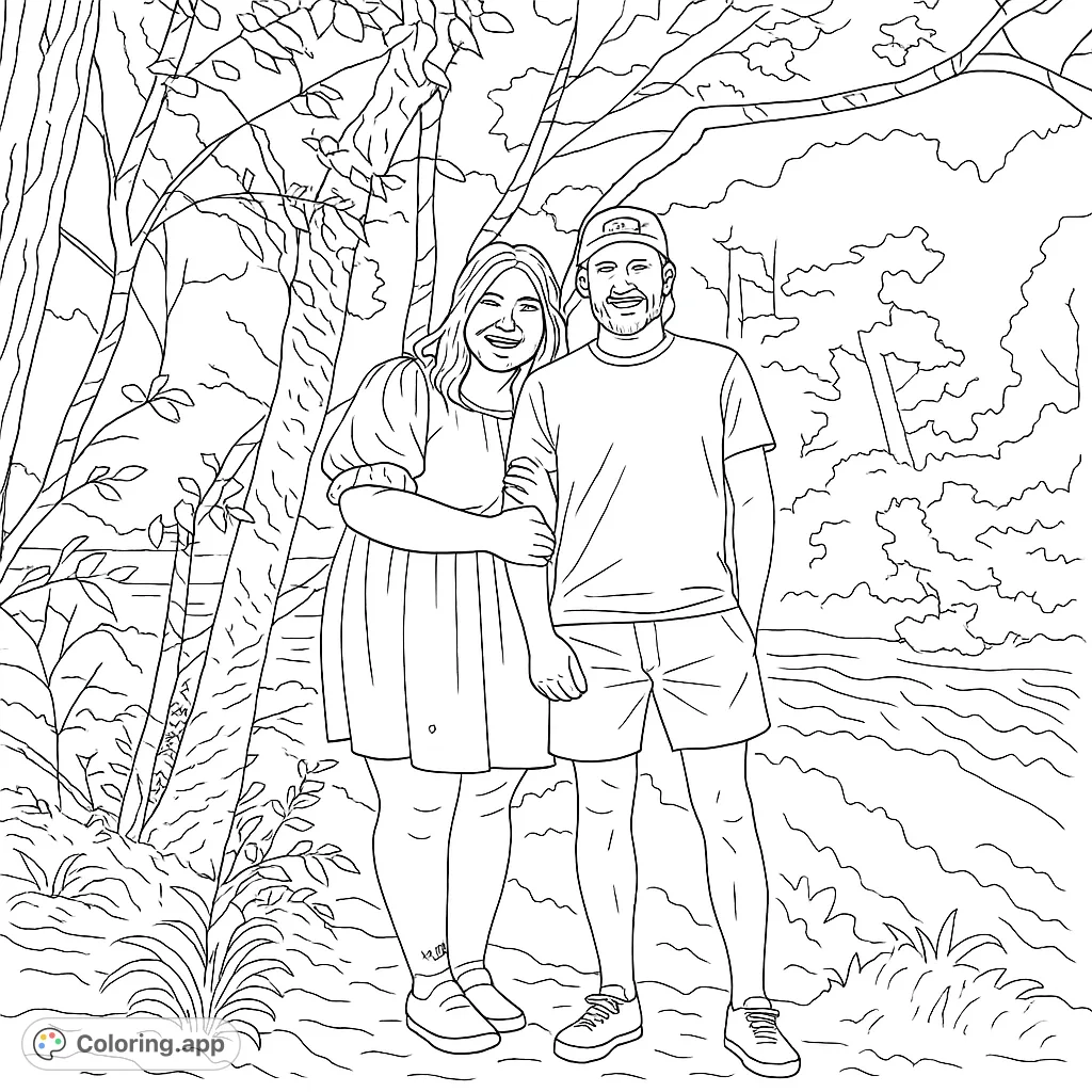 A loving couple stands by a majestic waterfall amidst lush forest, a serene moment captured for you to bring to life with your favorite colors.