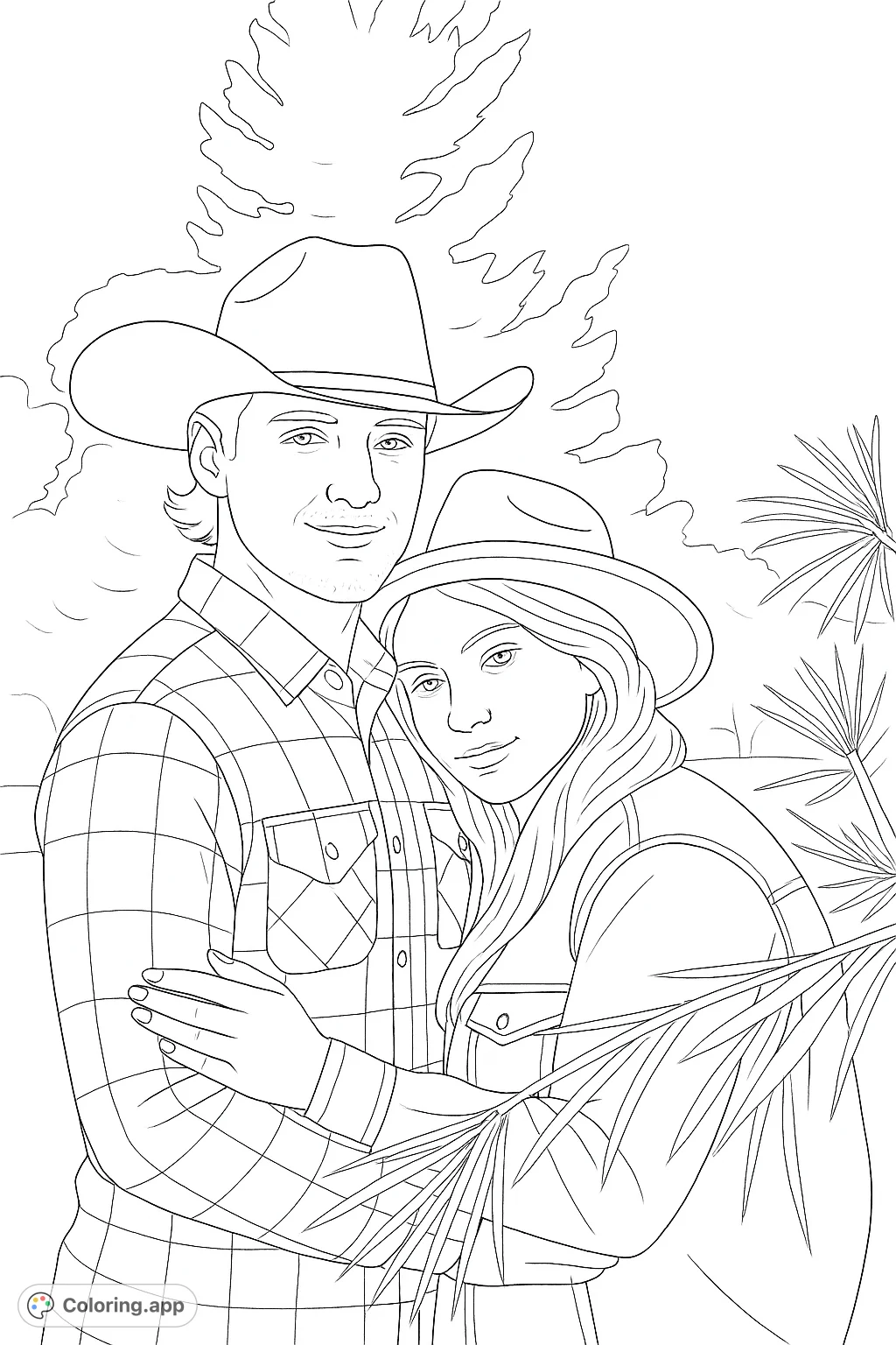 A heartwarming coloring page featuring a couple in a tender embrace, both wearing hats, set against a soft outdoor backdrop. Perfect for expressing love.