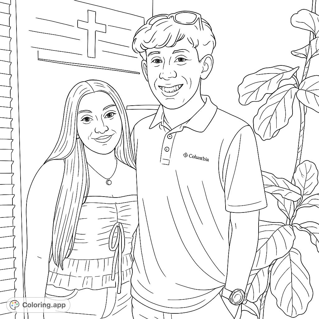 A cheerful duo stands together, framed by a window and a large houseplant. Perfect for personalizing with your favorite shades and creative touches.