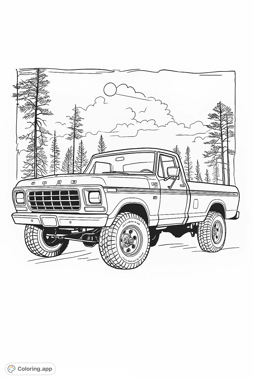 Color a rugged classic pickup truck against a scenic backdrop of tall trees and a dramatic sky with clouds and a glowing celestial body.