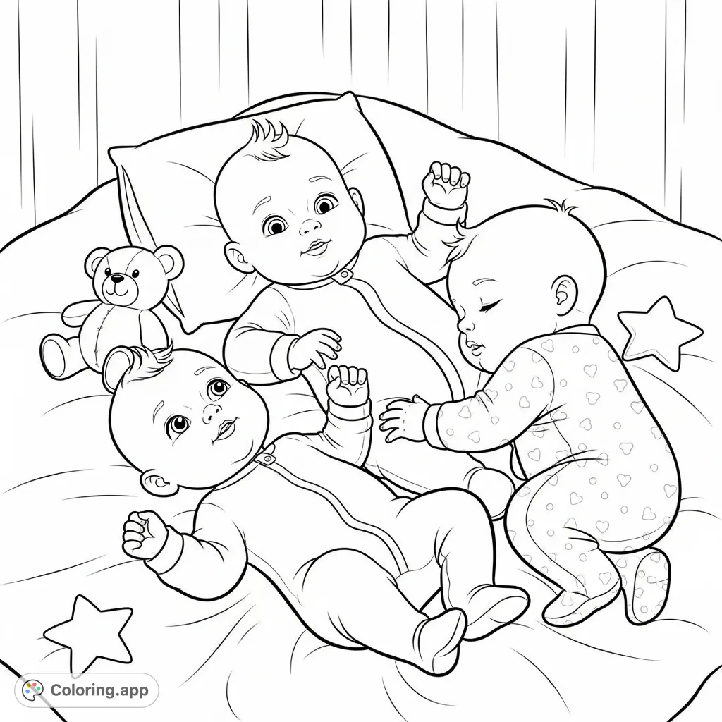 Discover an adorable triplet babies coloring page featuring three infants nestled together with soft toys, perfect for a heartwarming coloring experience.
