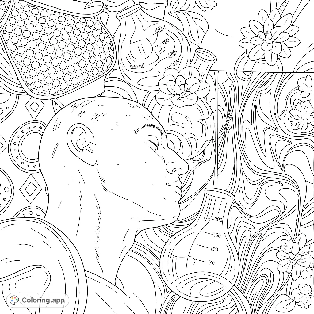 An intriguing still life featuring a human head sculpture amidst patterned textiles, glass vessels, and botanical elements, offering a unique artistic challenge.