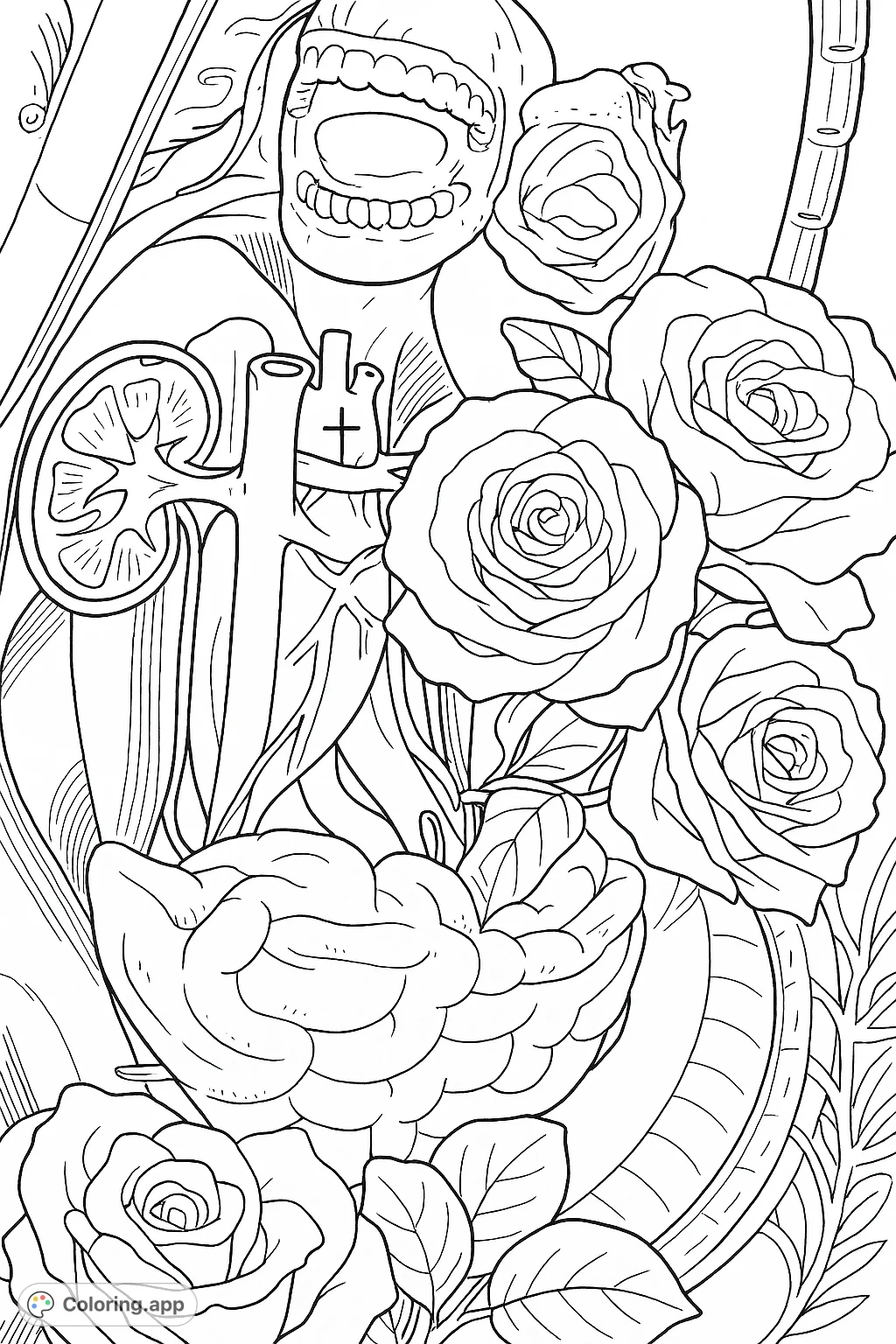 An intricate coloring page blending anatomical models of a kidney, brain, and heart with delicate roses and textual elements, offering a unique artistic challenge.