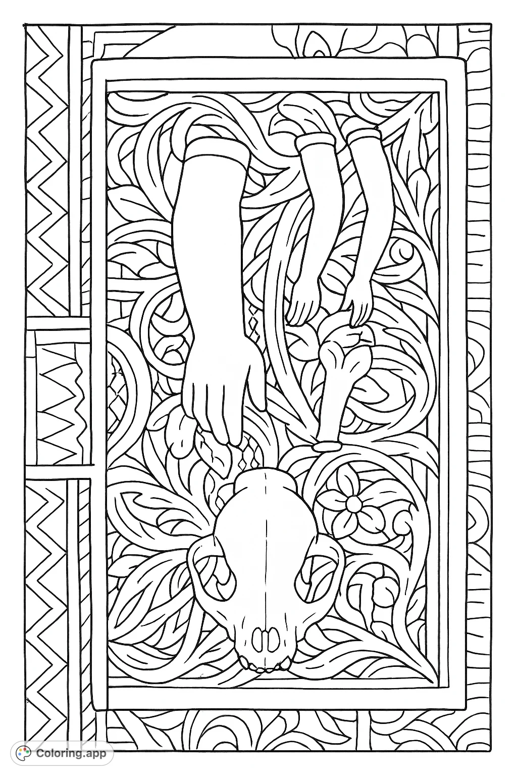 An intriguing still life featuring doll limbs and an animal skull arranged on a beautifully carved wooden panel, offering a unique and thought-provoking coloring experience.