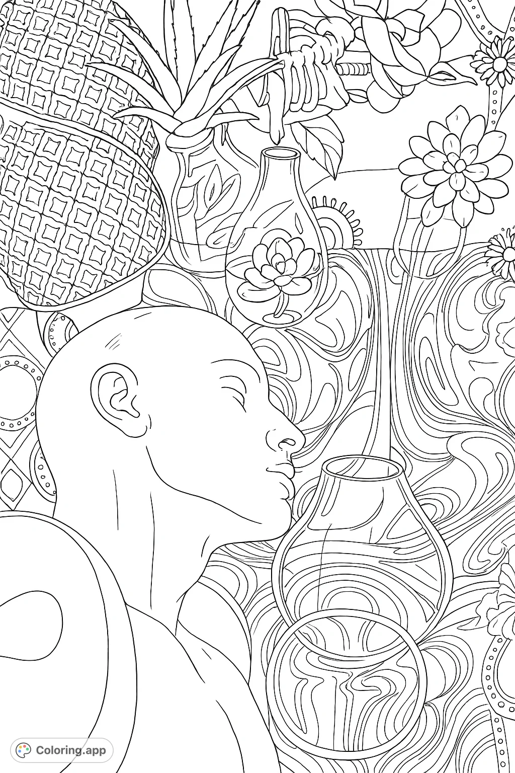 An intriguing still life featuring a textured mannequin head, scientific glassware, and various organic and patterned elements, offering a unique coloring challenge.