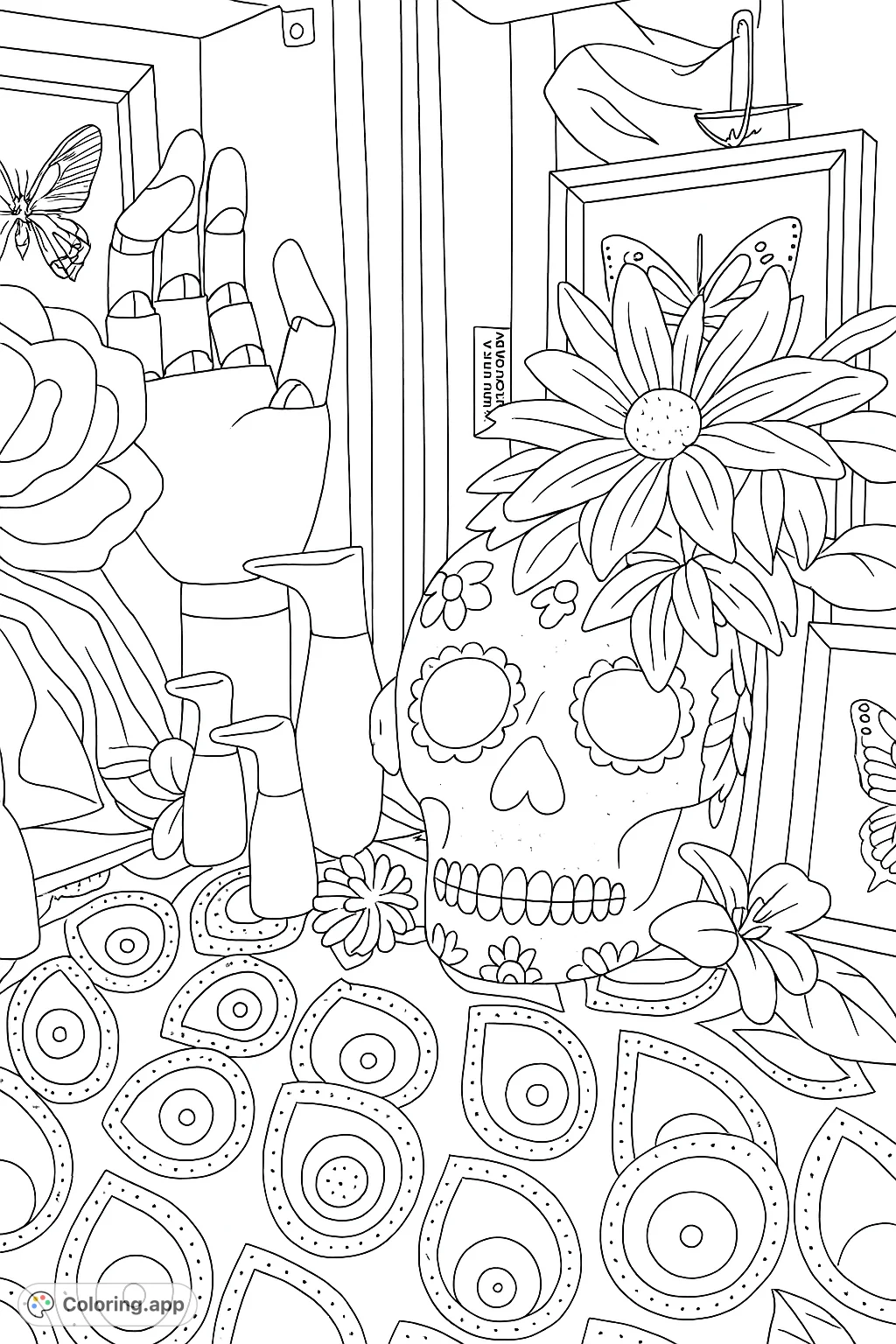Explore a unique still life featuring a decorative skull adorned with flowers, an articulated hand, framed insects, and vintage objects. A captivating eclectic coloring page.